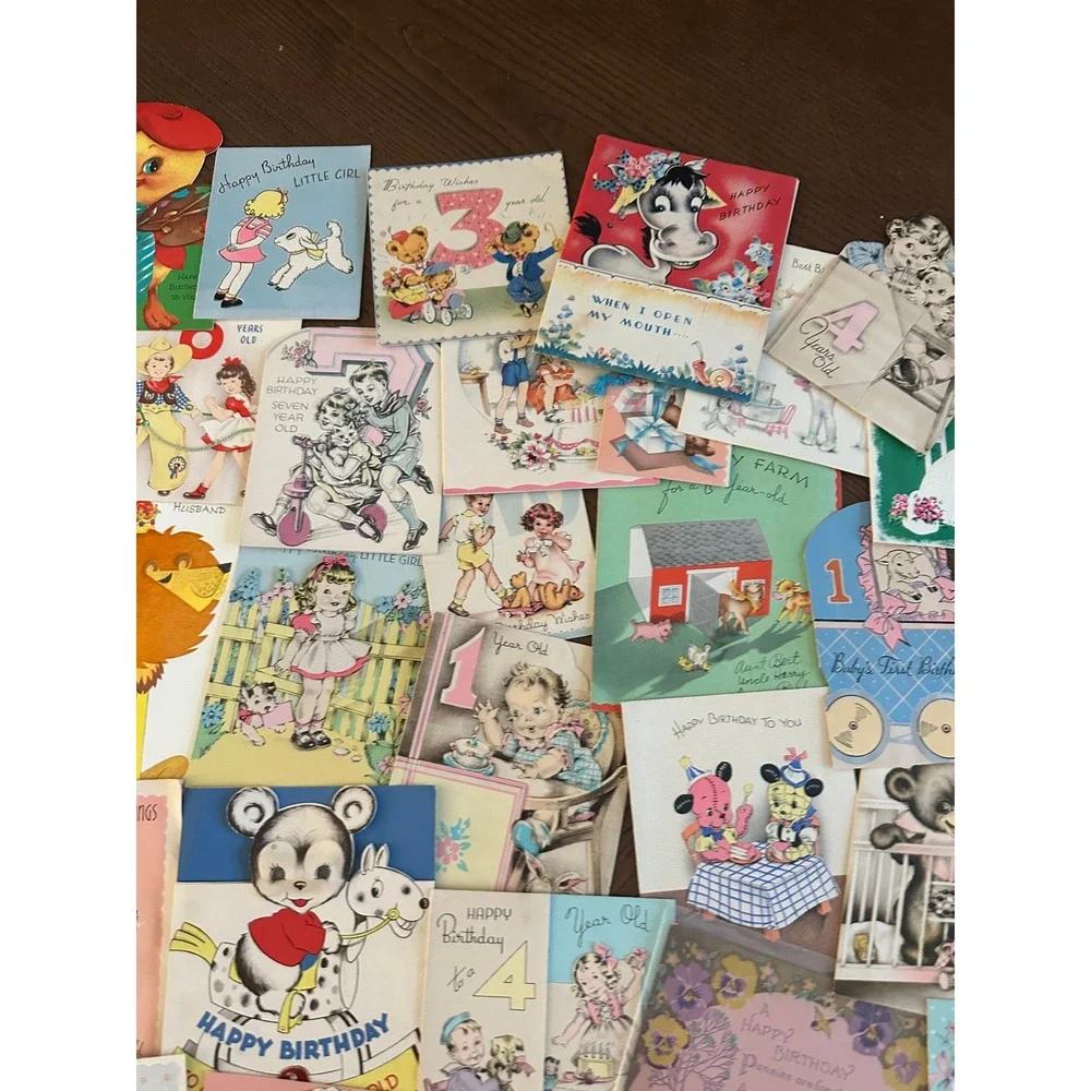 Vintage Birthday Cards Lot Mid Century Childrens Ephemera Animals Ages 1-7 60+pc